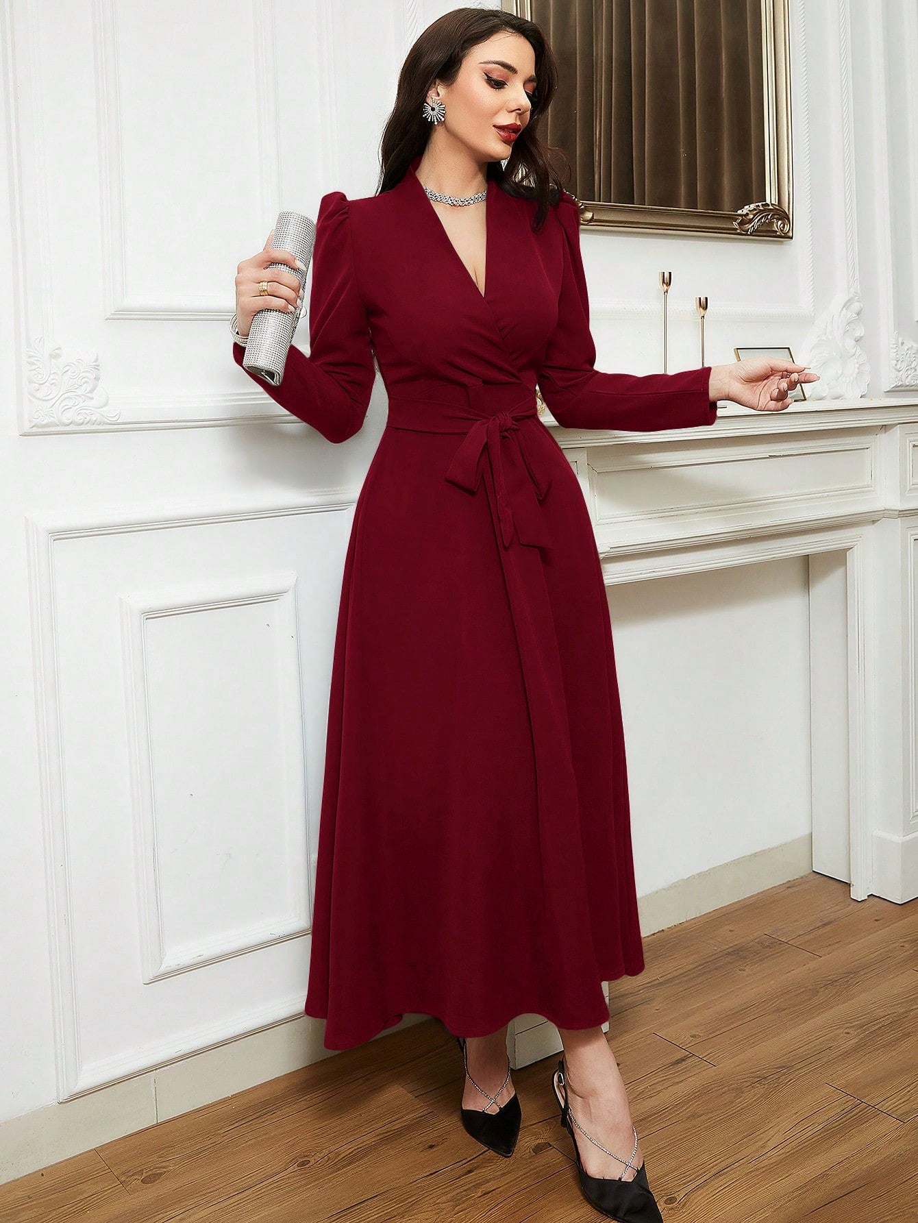 Solid Belted Wrap Detail Modest Long Sleeve Dress