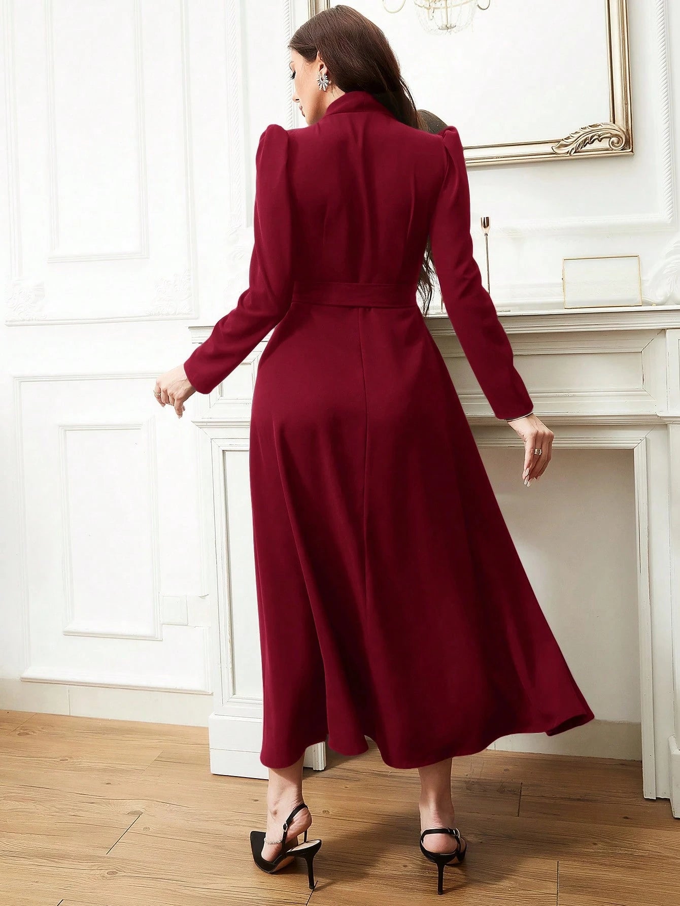 Solid Belted Wrap Detail Modest Long Sleeve Dress