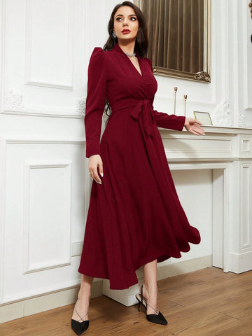 Solid Belted Wrap Detail Modest Long Sleeve Dress