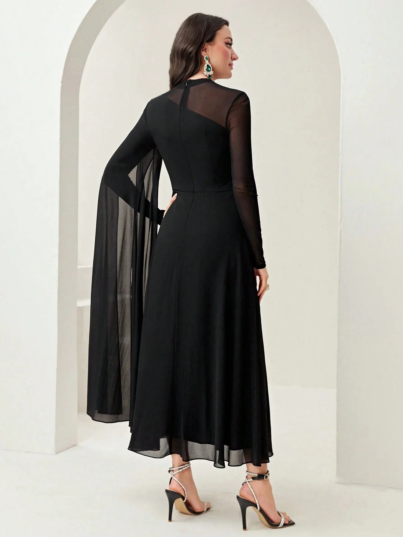 Women's Round Neck Long Sleeve Mesh Contrast Ruffle Maxi Elegant Dress shein