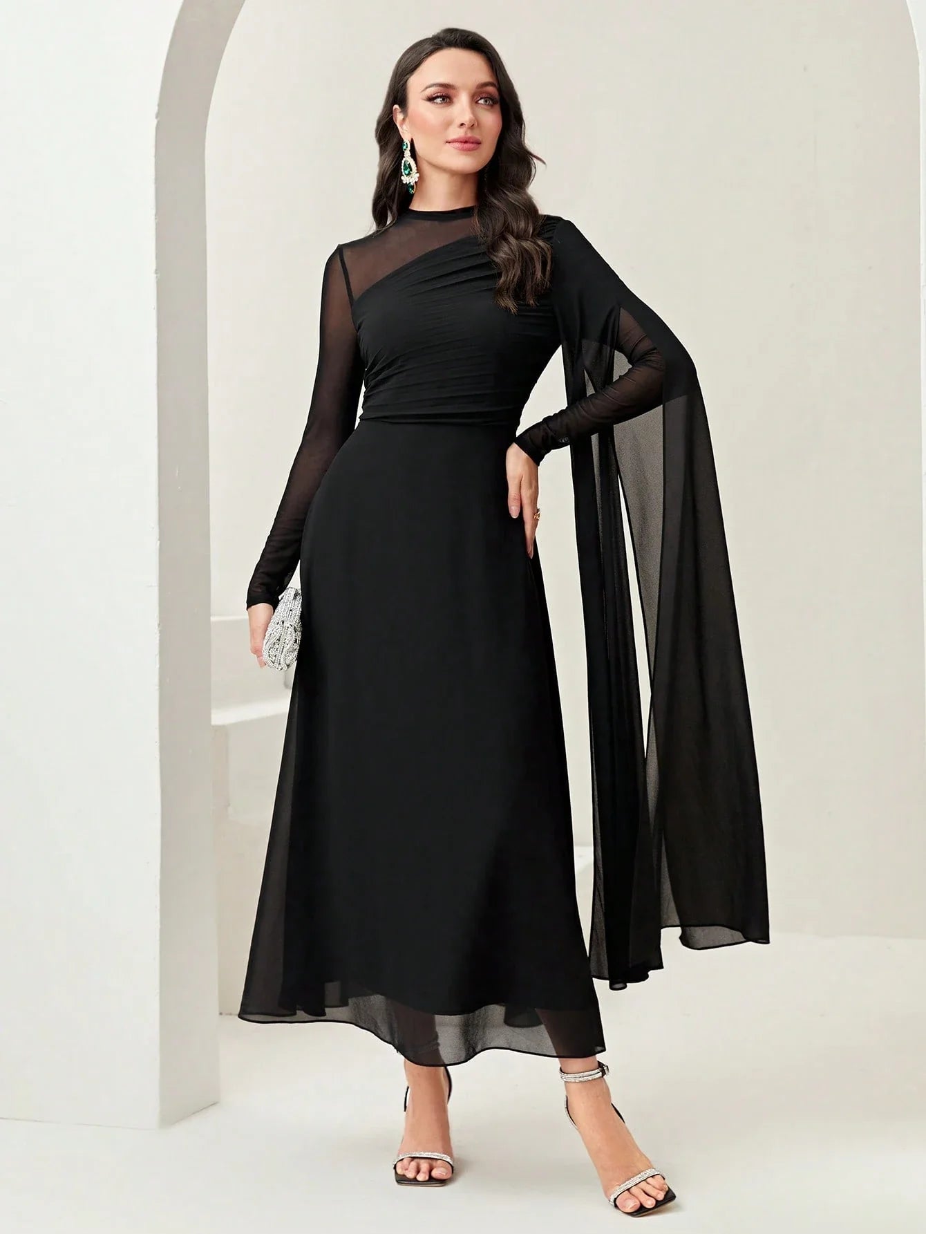Women's Round Neck Long Sleeve Mesh Contrast Ruffle Maxi Elegant Dress shein