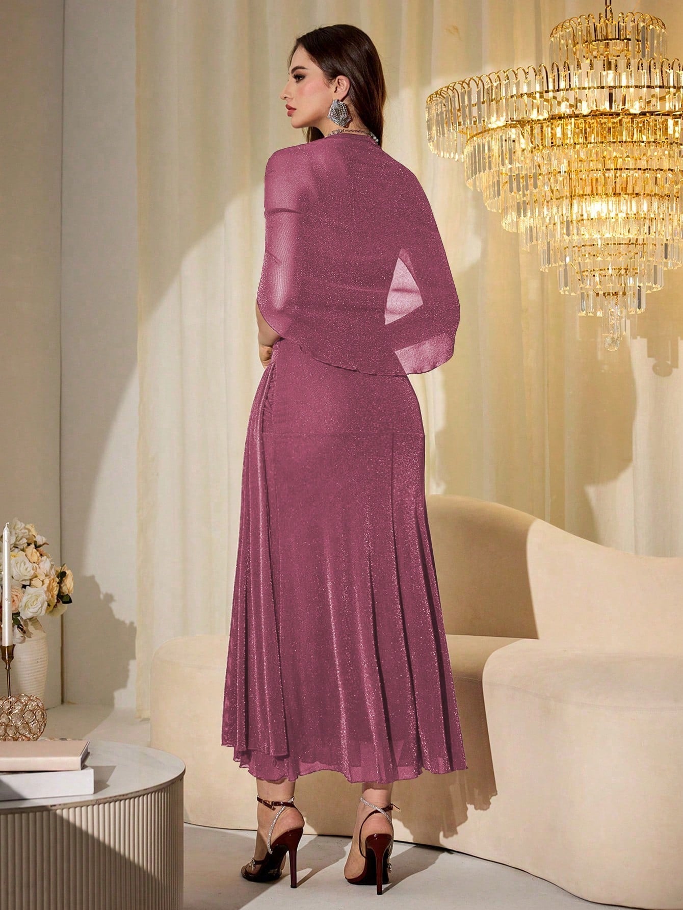 Elegant Mesh & Shiny Yarn Strapless Shawl Sleeve Fitted Long Dress shein