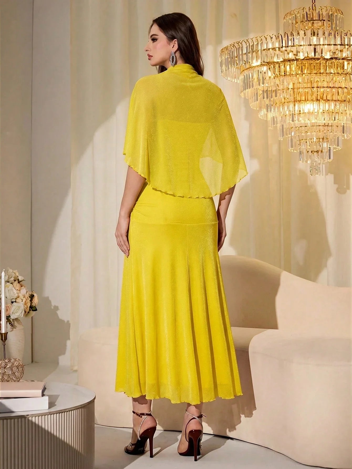 Elegant Mesh & Shiny Yarn Strapless Shawl Sleeve Fitted Long Dress shein
