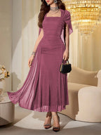 Elegant Mesh & Shiny Yarn Strapless Shawl Sleeve Fitted Long Dress shein