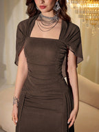 Elegant Mesh & Shiny Yarn Strapless Shawl Sleeve Fitted Long Dress shein