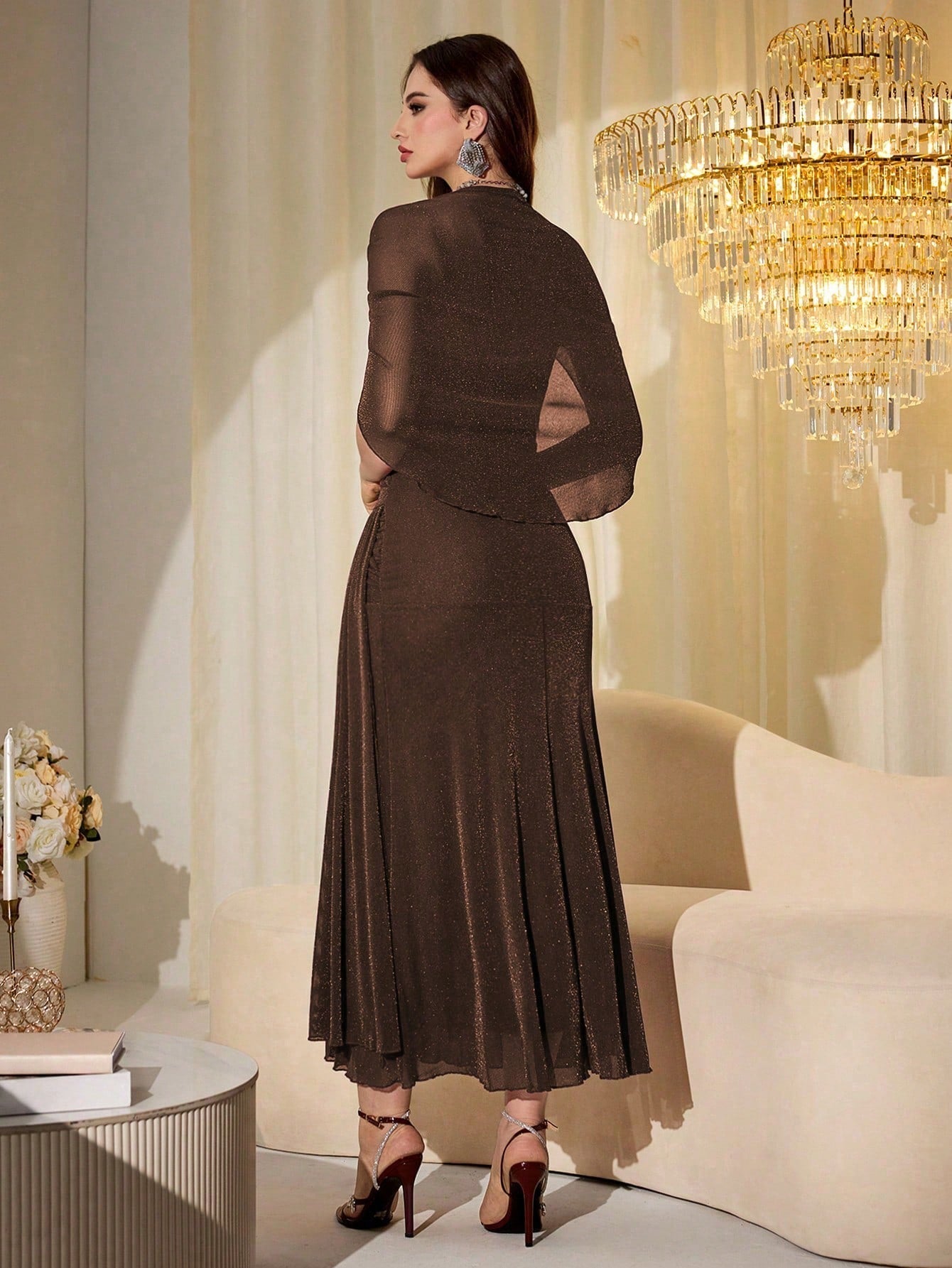 Elegant Mesh & Shiny Yarn Strapless Shawl Sleeve Fitted Long Dress shein