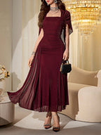 Elegant Mesh & Shiny Yarn Strapless Shawl Sleeve Fitted Long Dress shein