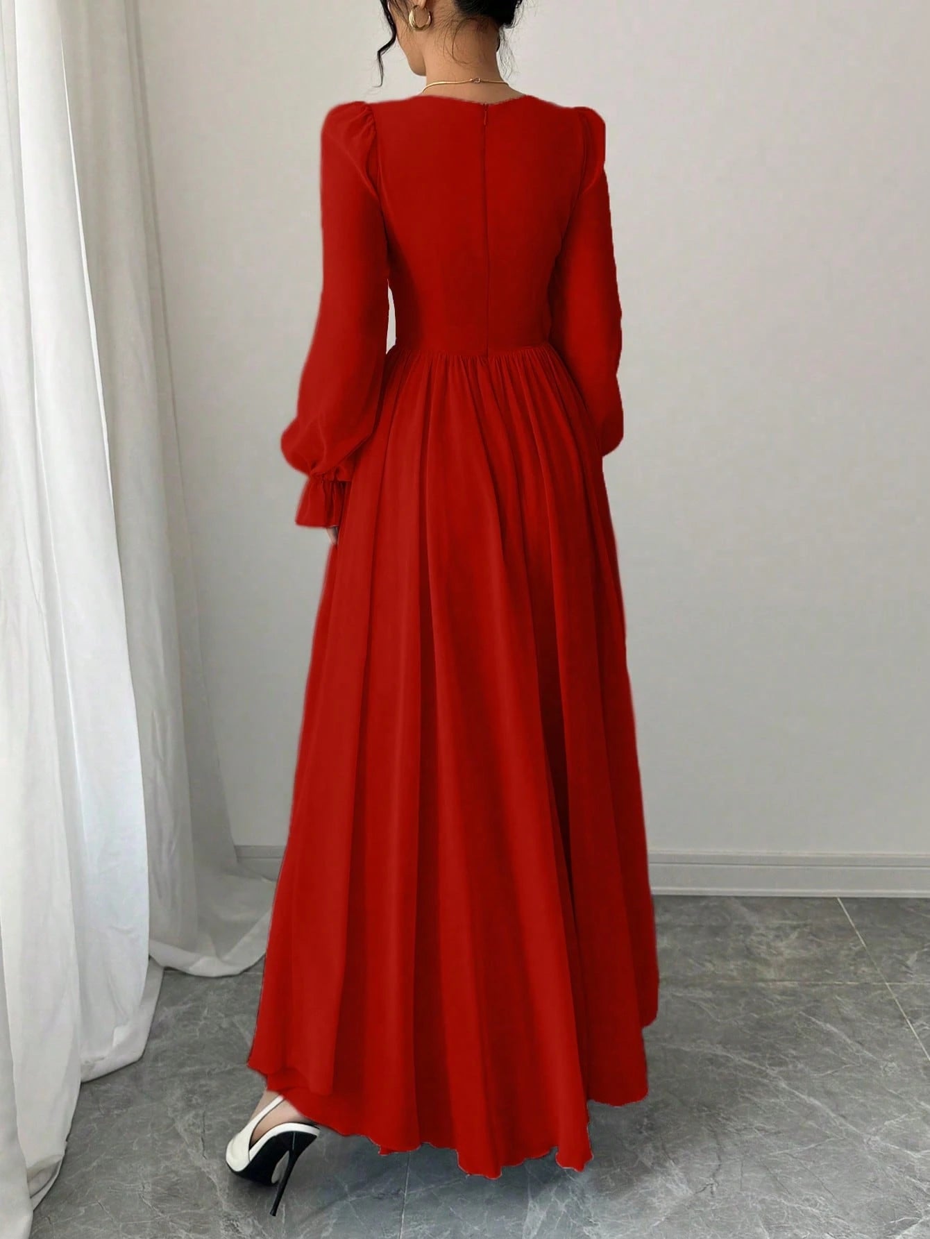 Women's Solid Color Elegant French Style High-Waist Long Sleeve Dress shein