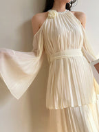 Modelyn Floral Embellished, Studded, Off-Shoulder Flare Sleeve, Pleated Romantic Vacation Elegant Long Convertible Blouse shein