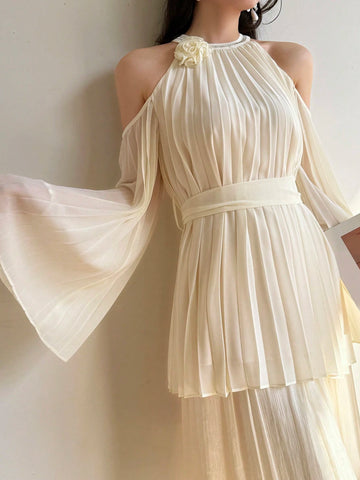 Modelyn Floral Embellished, Studded, Off-Shoulder Flare Sleeve, Pleated Romantic Vacation Elegant Long Convertible Blouse