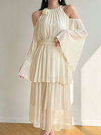 Modelyn Floral Embellished, Studded, Off-Shoulder Flare Sleeve, Pleated Romantic Vacation Elegant Long Convertible Blouse shein