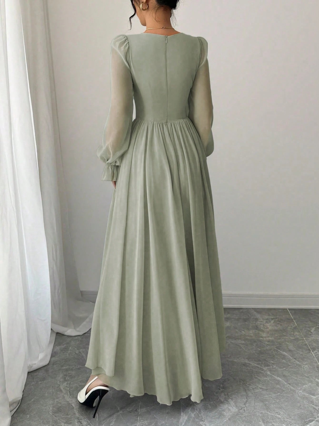 Women's Solid Color Elegant French Style High-Waist Long Sleeve Dress shein