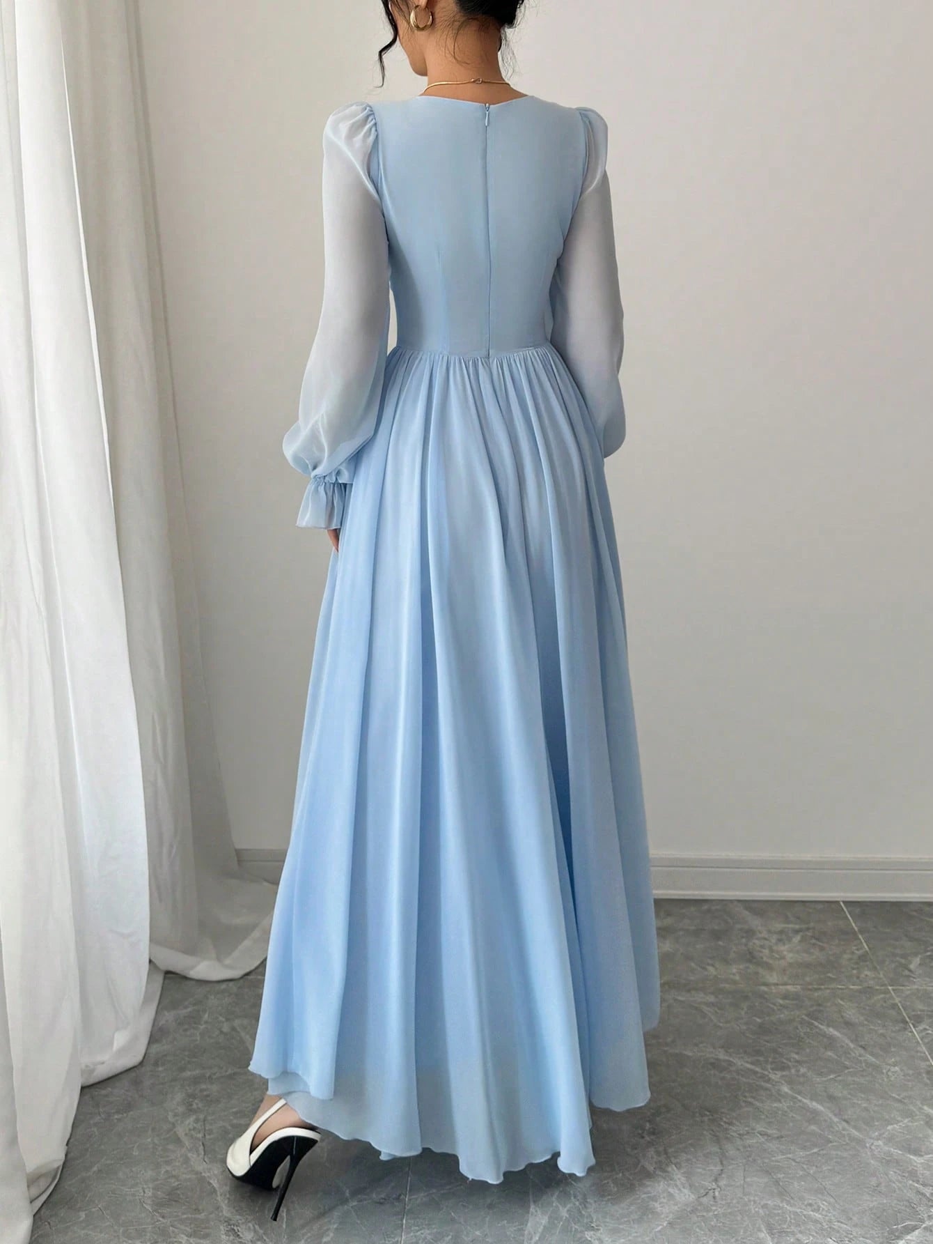 Women's Solid Color Elegant French Style High-Waist Long Sleeve Dress shein