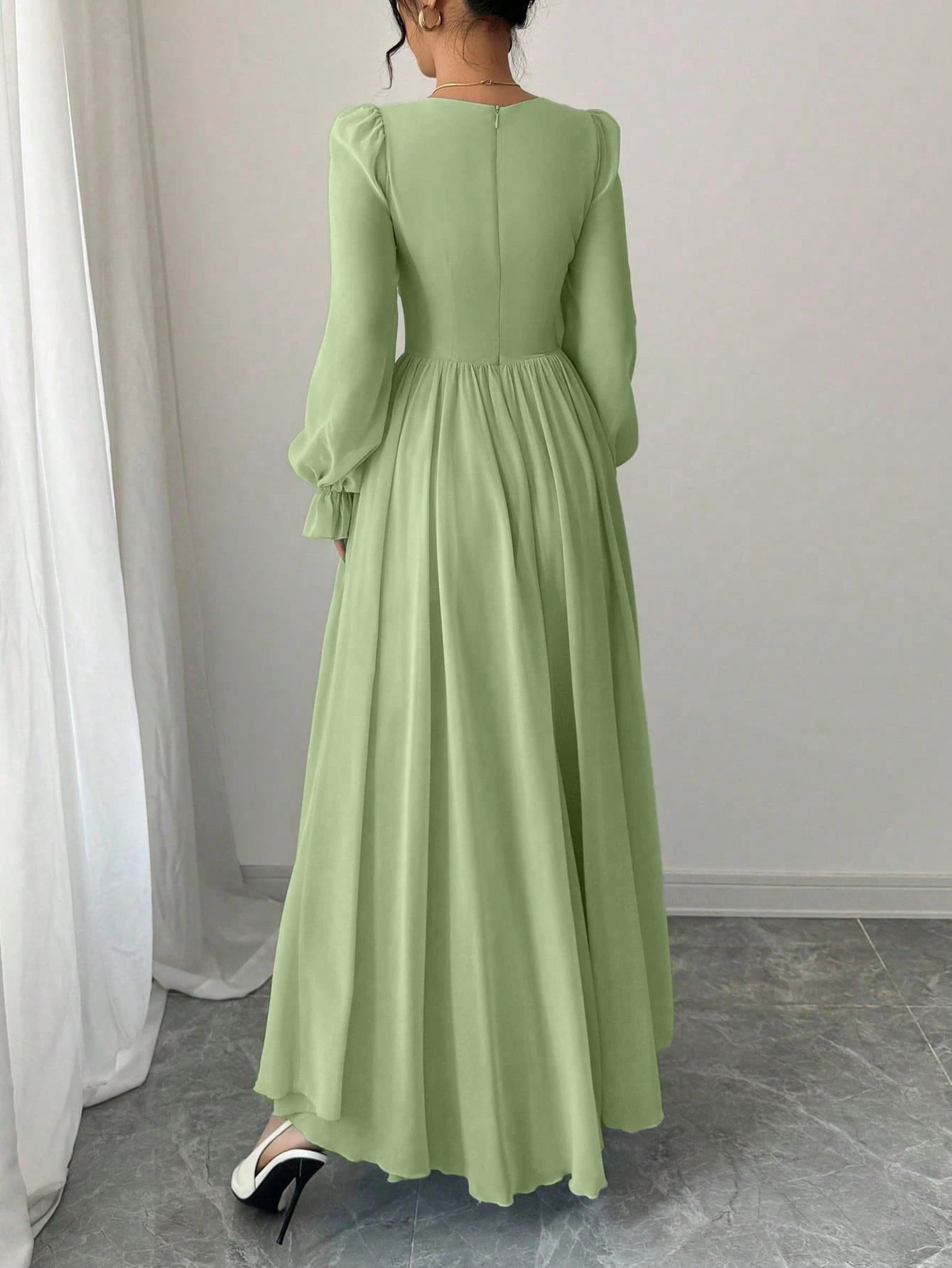 Women's Solid Color Elegant French Style High-Waist Long Sleeve Dress shein