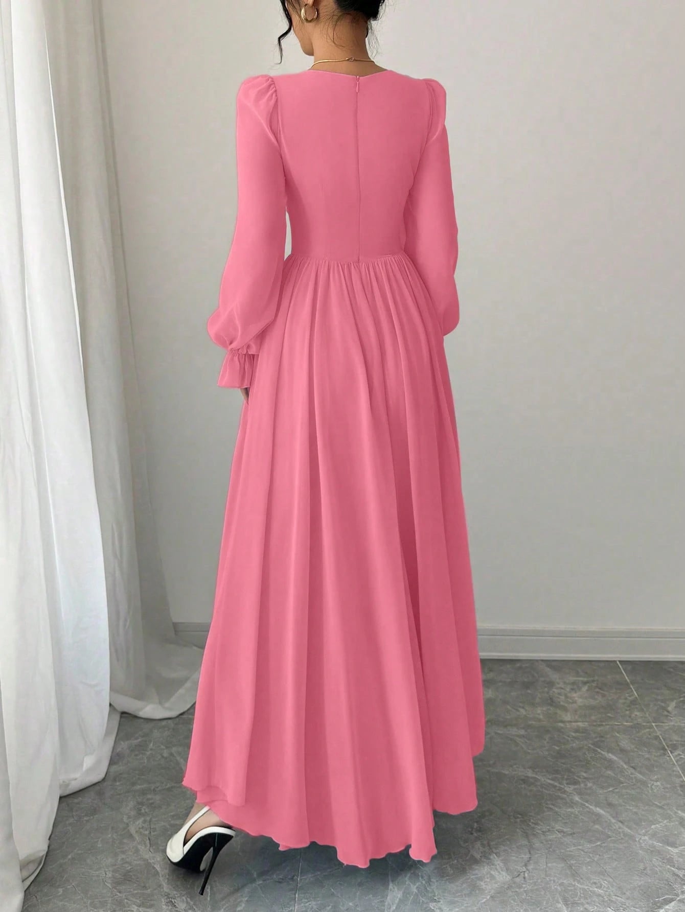 Women's Solid Color Elegant French Style High-Waist Long Sleeve Dress shein