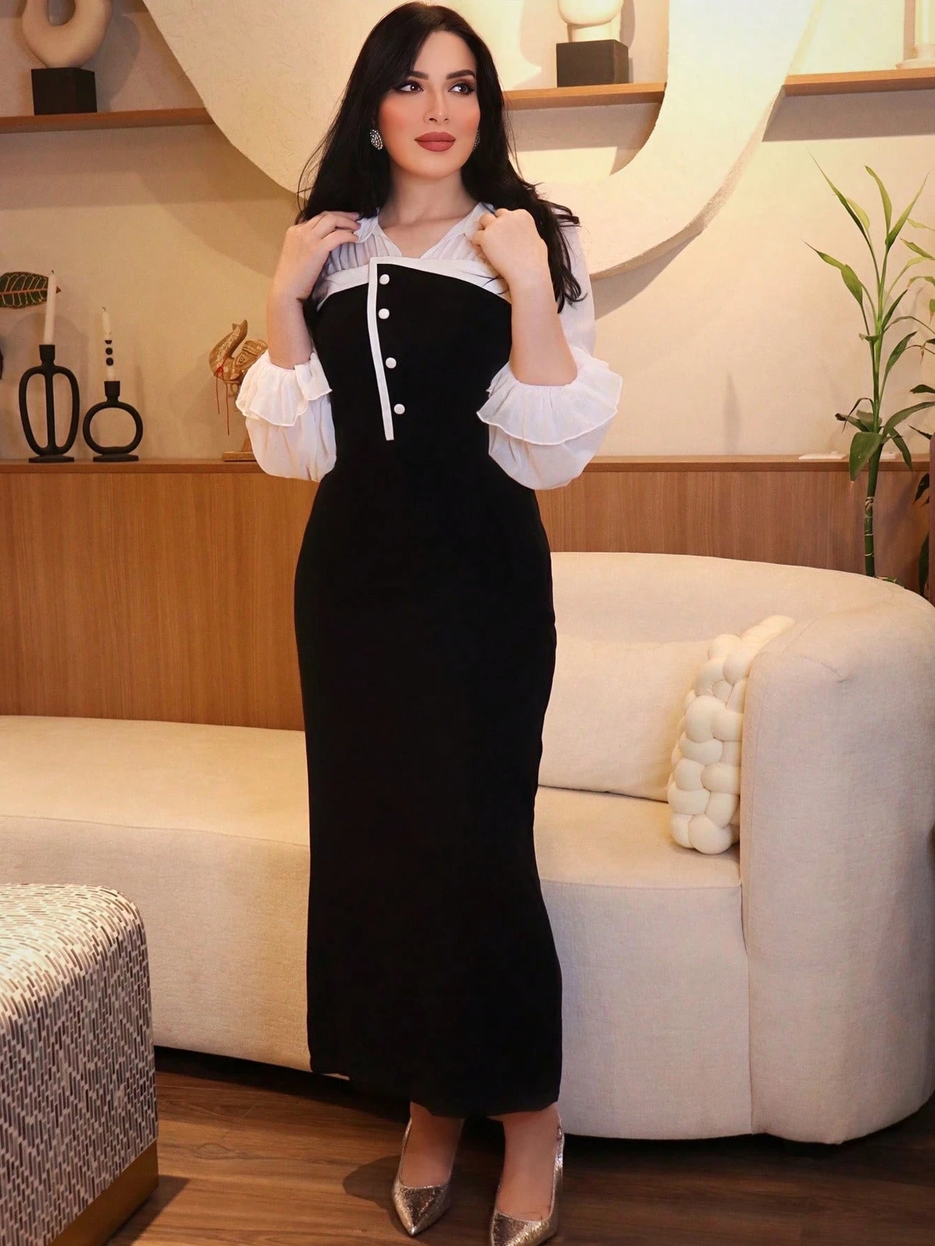 Modelyn Ladies Elegant Button Design 2 In 1 Long Sleeve Long Dress shein