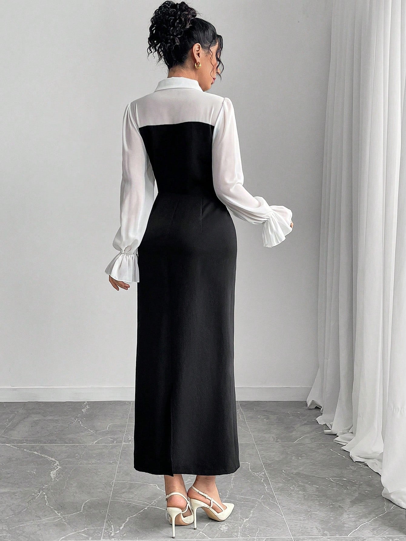 Modelyn Ladies Elegant Button Design 2 In 1 Long Sleeve Long Dress shein