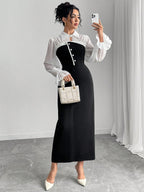 Modelyn Ladies Elegant Button Design 2 In 1 Long Sleeve Long Dress shein