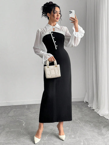 Modelyn Ladies Elegant Button Design 2 In 1 Long Sleeve Long Dress