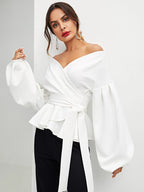 Modelyn Lantern Sleeve Surplice Belted Peplum Off The Shoulder Blouse shein