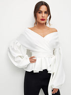 Modelyn Lantern Sleeve Surplice Belted Peplum Off The Shoulder Blouse shein