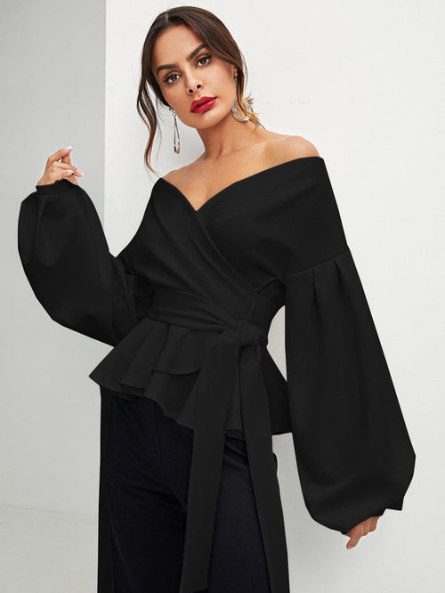 Modelyn Lantern Sleeve Surplice Belted Peplum Off The Shoulder Blouse shein