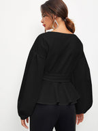 Modelyn Lantern Sleeve Surplice Belted Peplum Off The Shoulder Blouse shein