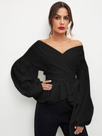 Modelyn Lantern Sleeve Surplice Belted Peplum Off The Shoulder Blouse shein