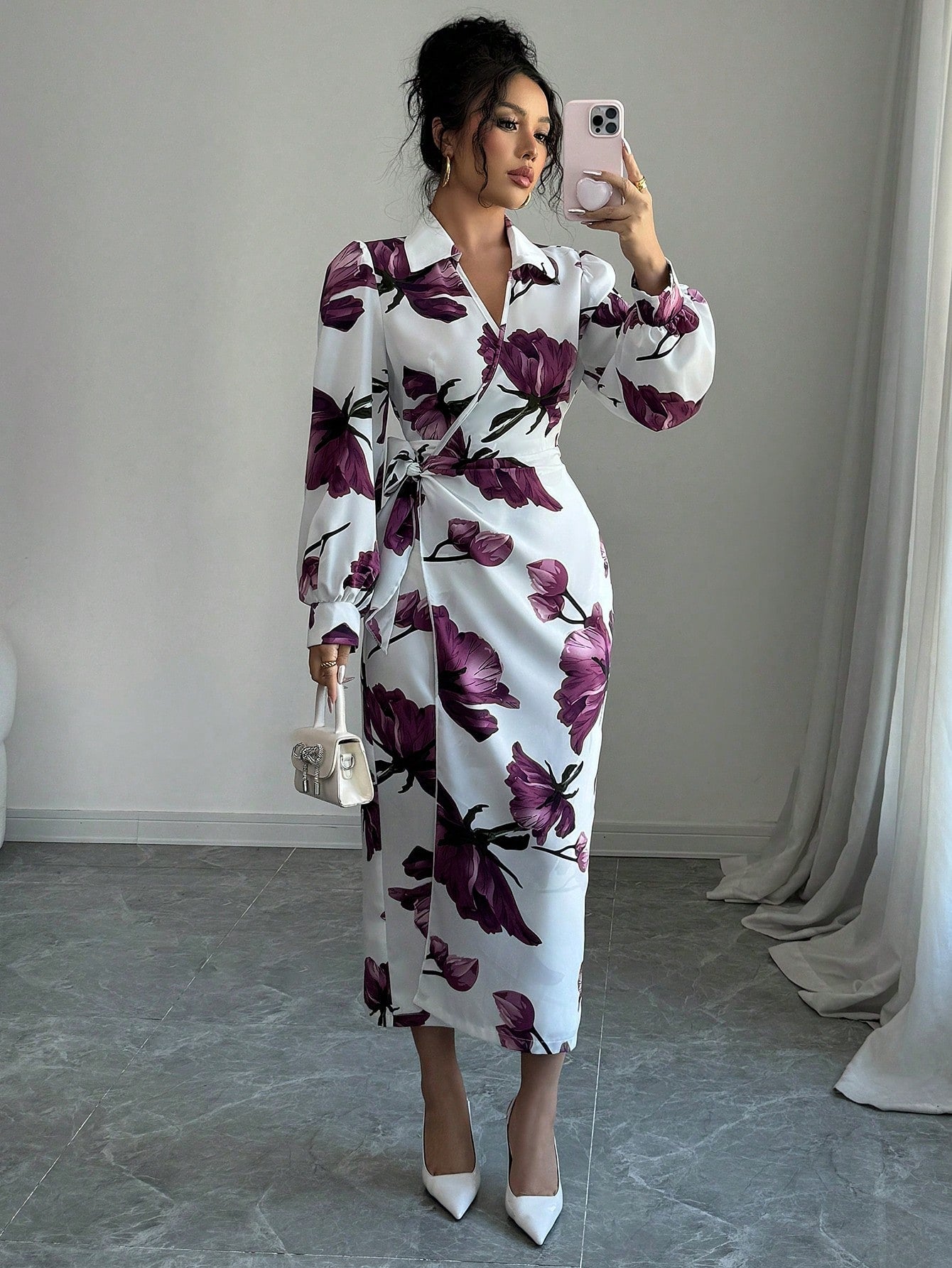 Modelyn Women's Lace-Up Floral Print Long Sleeve Casual Shift Dress shein