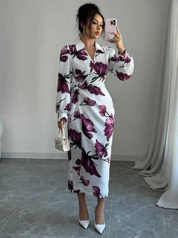Modelyn Women's Lace-Up Floral Print Long Sleeve Casual Shift Dress