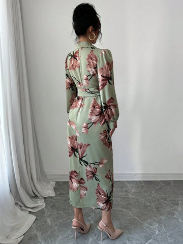 Modelyn Women's Lace-Up Floral Print Long Sleeve Casual Shift Dress