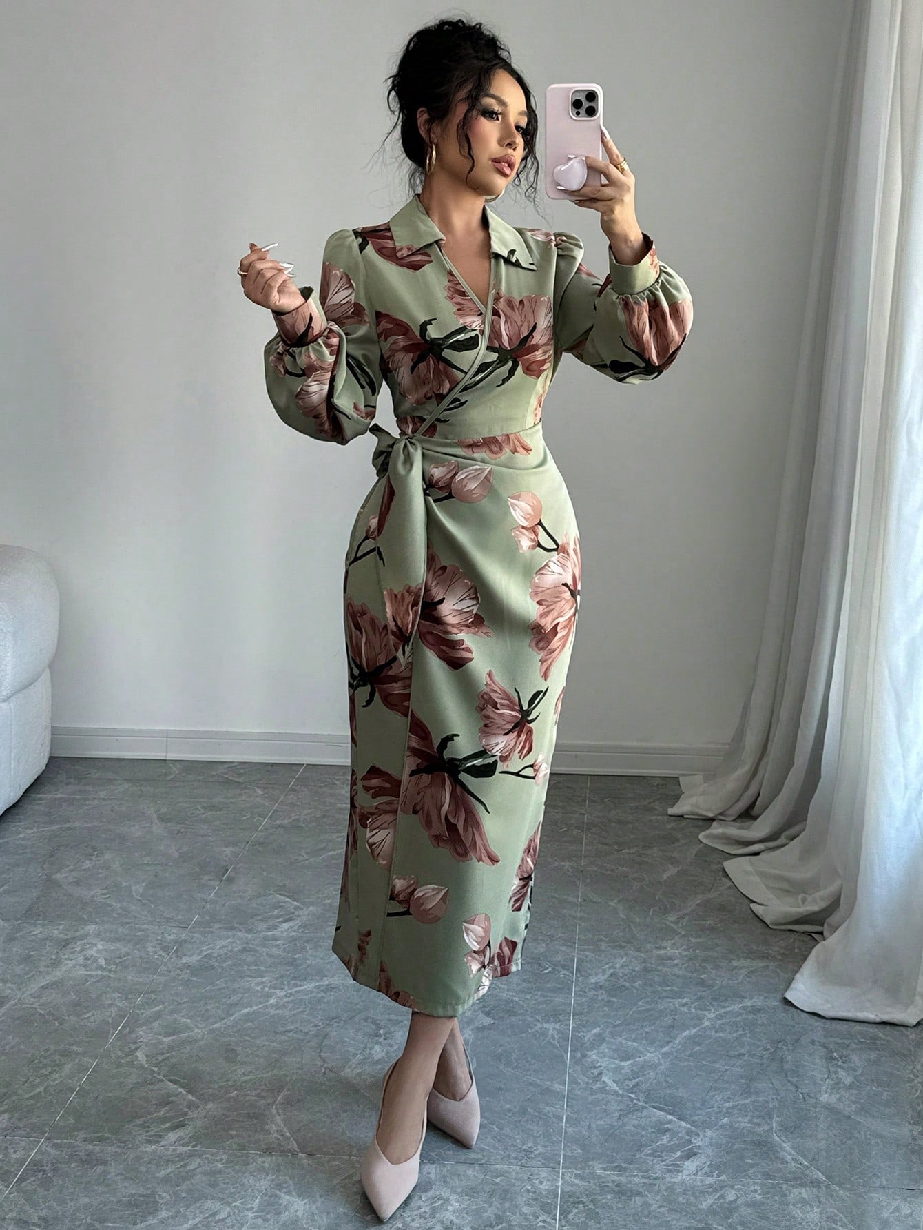 Modelyn Women's Lace-Up Floral Print Long Sleeve Casual Shift Dress shein