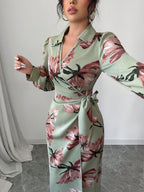 Modelyn Women's Lace-Up Floral Print Long Sleeve Casual Shift Dress shein