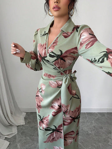 Modelyn Women's Lace-Up Floral Print Long Sleeve Casual Shift Dress