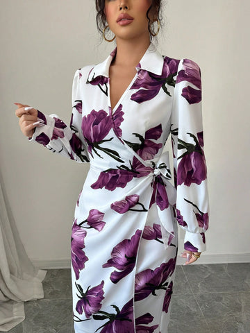 Modelyn Women's Lace-Up Floral Print Long Sleeve Casual Shift Dress