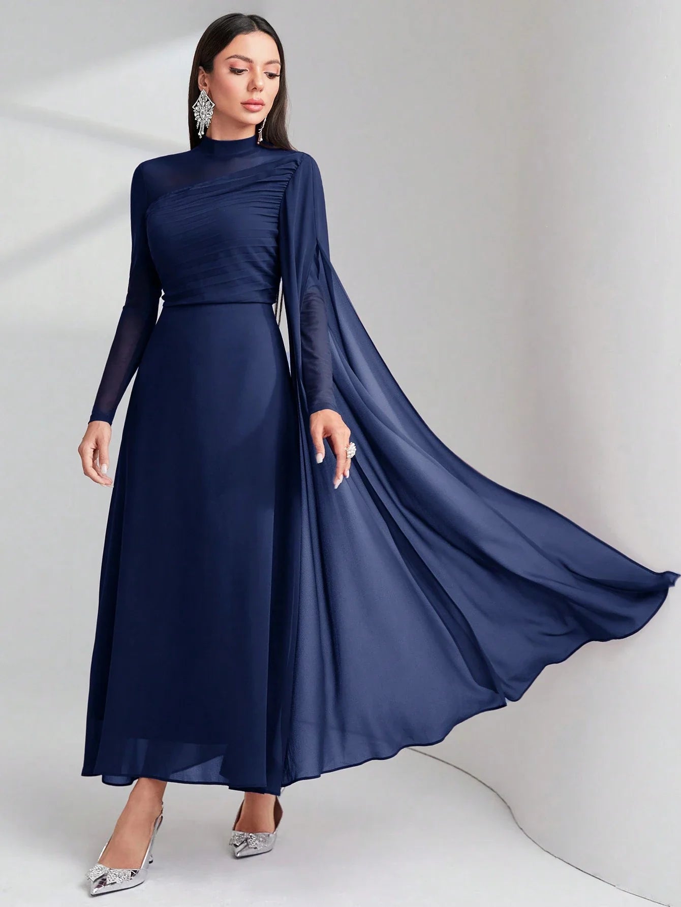 Women's Round Neck Long Sleeve Mesh Contrast Ruffle Maxi Elegant Dress shein