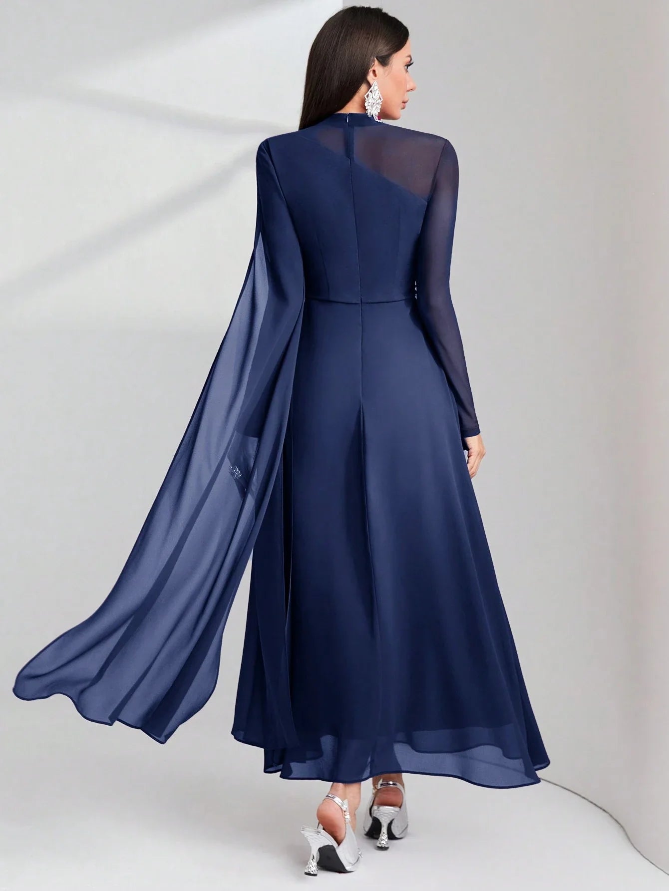 Women's Round Neck Long Sleeve Mesh Contrast Ruffle Maxi Elegant Dress shein