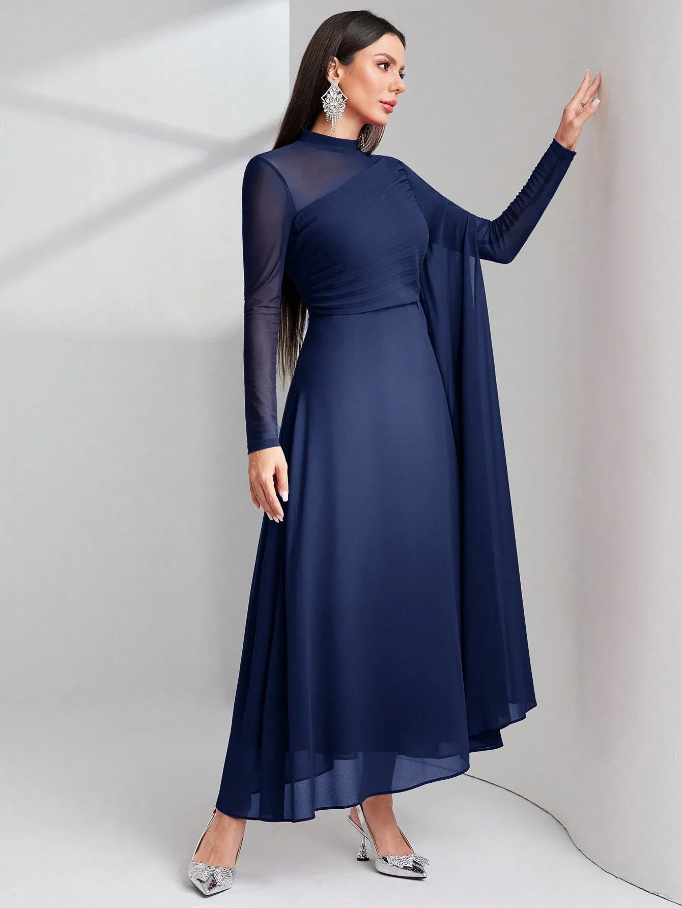 Women's Round Neck Long Sleeve Mesh Contrast Ruffle Maxi Elegant Dress shein