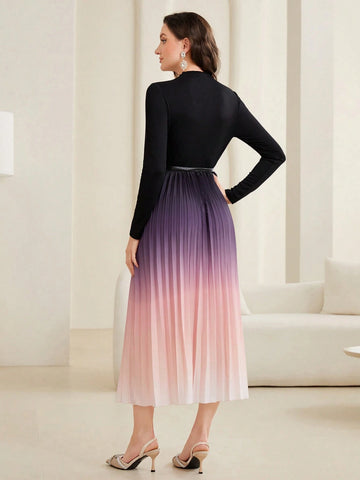 Modelyn Ombre Pleated Hem Dress With Belt