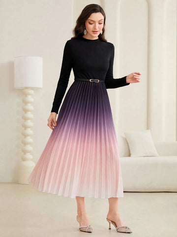 Modelyn Ombre Pleated Hem Dress With Belt