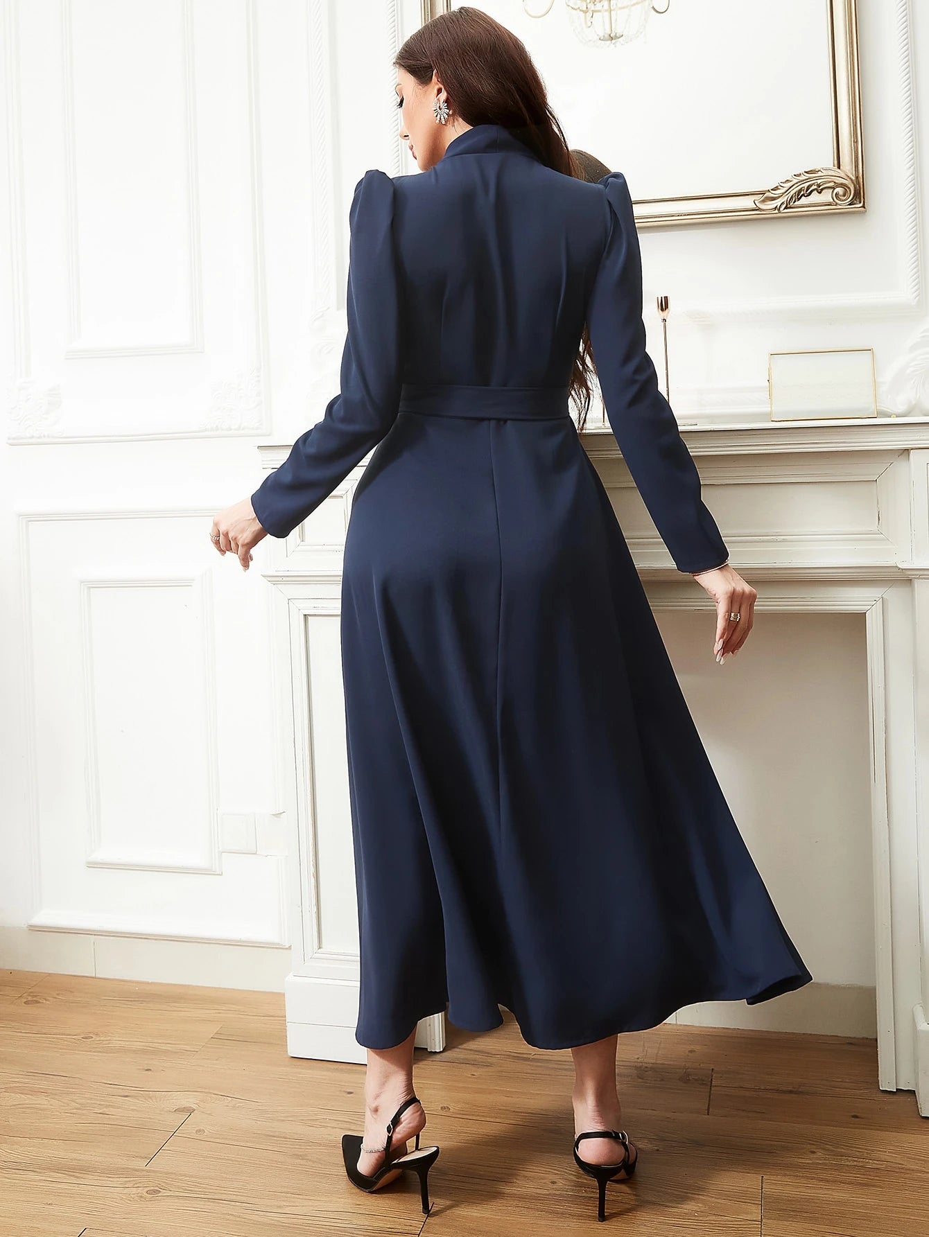 Solid Belted Wrap Detail Modest Long Sleeve Dress