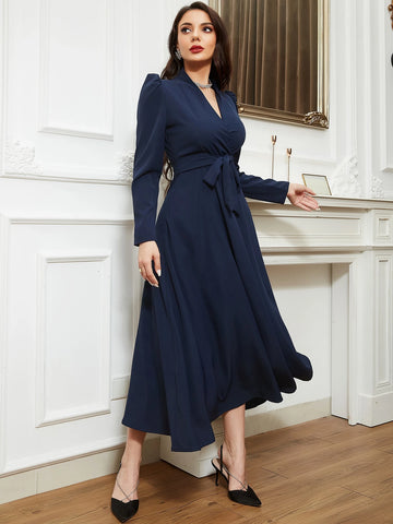 Solid Belted Wrap Detail Modest Long Sleeve Dress