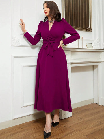 Solid Belted Wrap Detail Modest Long Sleeve Dress