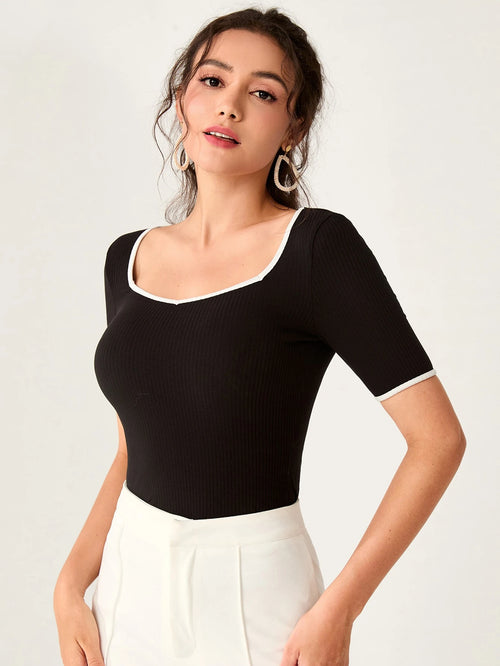 Modelyn Sweetheart Neck Ringer Tee shein