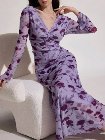 Modelyn Women's V-Neck Twist Maxi Bodycon Dress
