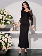 Modelyn Women Asymmetrical Sleeve Lace Patchwork Long Dress shein