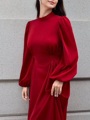 Women's Elegant Simpli City Solid Color Stand Collar Lantern Sleeve Backless Dress