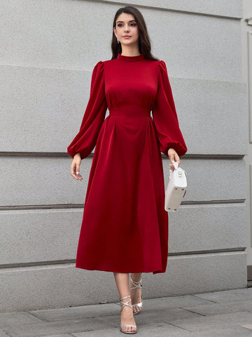 Women's Elegant Simpli City Solid Color Stand Collar Lantern Sleeve Backless Dress