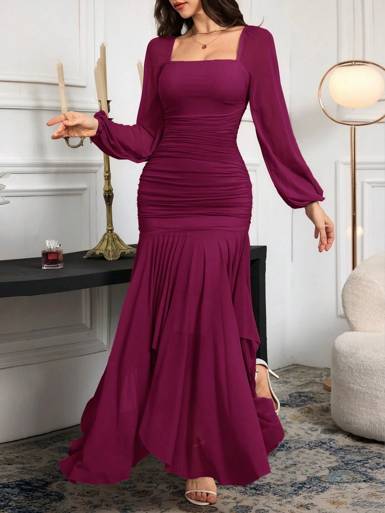 Modelyn Women's Solid Color Mesh Splicing Pleated Casual Long Dress shein