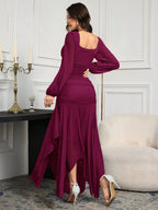Modelyn Women's Solid Color Mesh Splicing Pleated Casual Long Dress shein